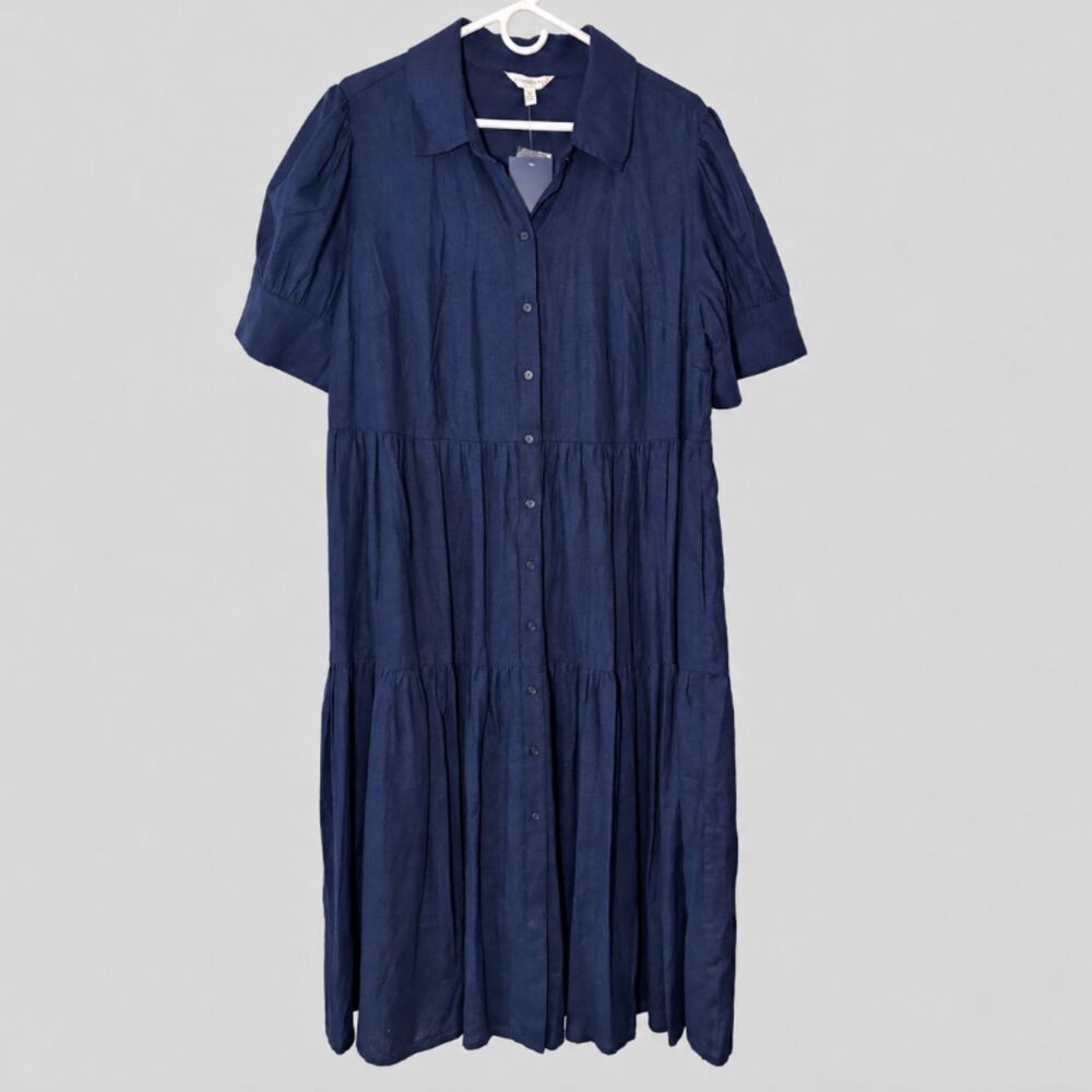 Crown & Ivy 1X Navy Linen Boho Tiered Midi Shirt Dress Puff Sleeves Pockets NWT